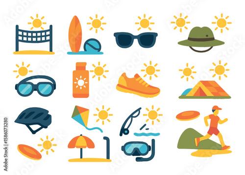 sun in sports and outdoor activities modern flat style. beach volleyball, surfing board, sunglasses, hiking sun hat, swimming goggles, sun lotion bottle, running shoes