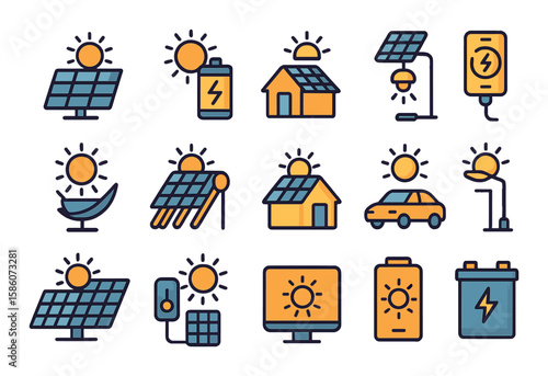 sun in technology and energy modern flat style. solar panel, solar battery, solar lamp, solar charger, sun tracking system, solar water heater, solar roof, sun-powered