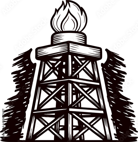 Vintage engraved illustration of oil drilling rig tower with flame isolated on white background