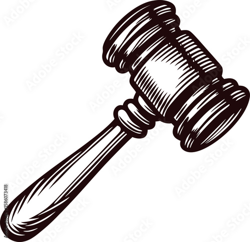 Vintage engraved judge’s gavel isolated on white background hand drawn wooden mallet illustration