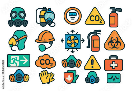 CO2 related health and safety modern flat style. gas mask, breathing apparatus, carbon monoxide detector, warning sign, oxygen mask, safety helmet, ventilation system