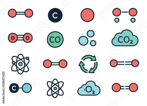 CO2 molecular and chemical symbols modern flat style. CO2 molecule, carbon atom, oxygen atom, chemical bonds, molecular structure, CO2 gas symbol, carbon dioxide label