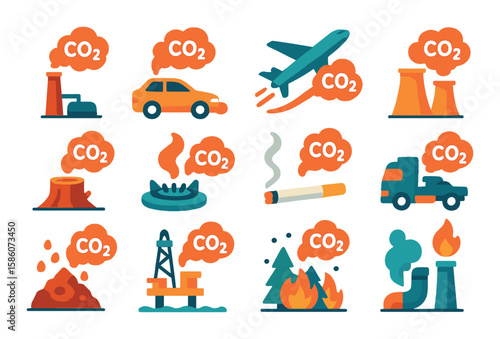 CO2 emissions and pollution sources modern flat style. factory chimney, car exhaust, airplane contrail, power plant, deforestation, gas stove, cigarette smoke, diesel