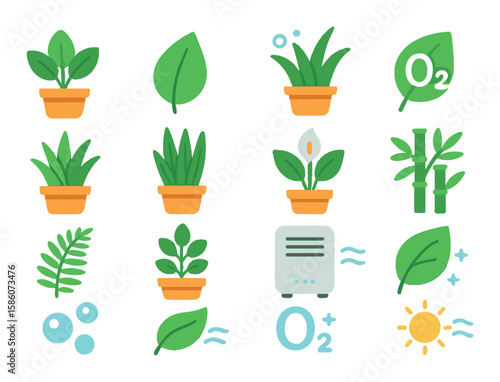 breathe plants and air purification modern flat style. houseplant, green leaf, air purifying plant, oxygen leaf, aloe vera, snake plant, peace lily, bamboo, fern, potted