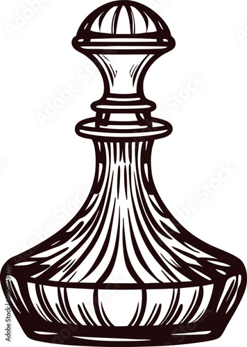 Vintage engraved glass decanter with ornate stopper and detailed curved body, classic antique line illustration