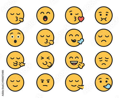 breathe emotions and expressions modern flat style. sighing face, yawning, blowing kiss, puffed cheeks, surprised breath, relief expression, breathing out, blowing