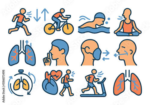breathe sports and exercise modern flat style. runner breathing, cyclist breathing, swimmer exhaling bubbles, yoga breathing, lung capacity chart, breath control, oxygen