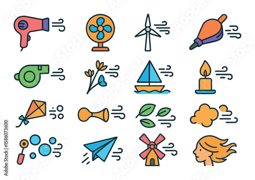 blowing air objects modern flat style. blow dryer, blowing fan, wind turbine, bellows, blowing whistle, blowing dandelion, blowing sailboat, blowing candle, blowing kite
