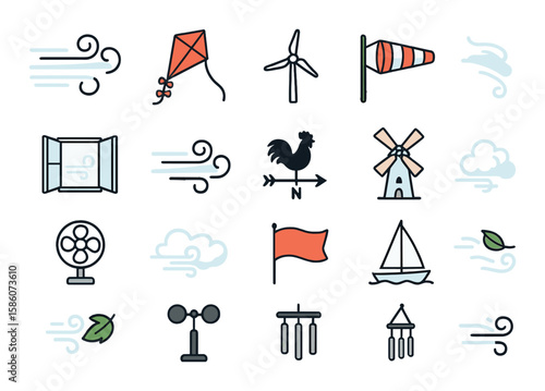 gust of wind, kite flying, breeze, wind turbine, wind sock, open window, air flow, weather vane, windmill, fan blowing, cloud movement, flag waving, sailing boat, leaf