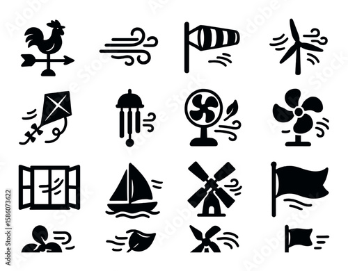 weather vane, cloud movement, wind sock, gust of wind, wind turbine, breeze, kite flying, wind chime, fan blowing, leaf blowing, anemometer, open window, sailing boat