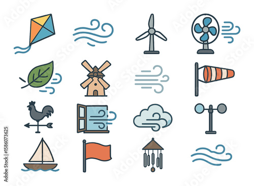 kite flying, breeze, wind turbine, fan blowing, leaf blowing, windmill, gust of wind, wind sock, weather vane, cloud movement, open window, anemometer, sailing boat, flag