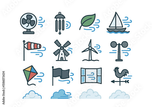 fan blowing, wind chime, leaf blowing, sailing boat, breeze, wind sock, windmill, wind turbine, gust of wind, anemometer, kite flying, flag waving, open window, air flow