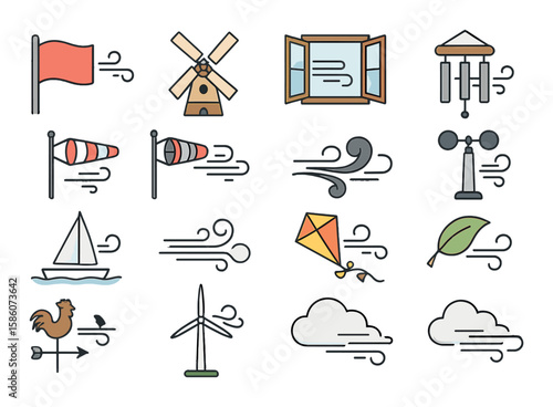 flag waving, windmill, open window, wind chime, wind sock, breeze, fan blowing, gust of wind, anemometer, sailing boat, air flow, kite flying, leaf blowing, weather vane