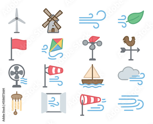 wind turbine, windmill, gust of wind, breeze, leaf blowing, flag waving, kite flying, anemometer, weather vane, fan blowing, wind sock, sailing boat, cloud movement, wind