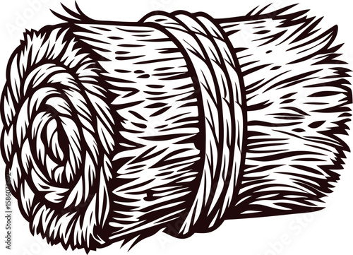 Hand drawn hay bale illustration rustic bundle of straw tied with rope in vintage engraved sketch on white