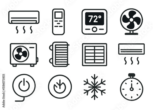 air conditioner unit, remote control, thermostat, cooling fan, compressor, condenser, evaporator, air filter, vent, duct, temperature sensor, power button, snowflake