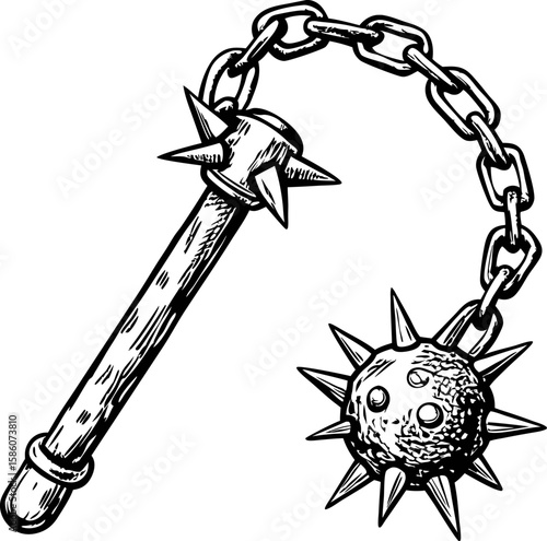 Medieval spiked mace with chain and handle black and white ink drawing isolated illustration