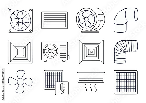 ventilation fan, air vent, exhaust fan, duct, ceiling vent, blower, air filter, HVAC unit, diffuser, fan blade, ventilation pipe, air conditioner, grille, air purifier