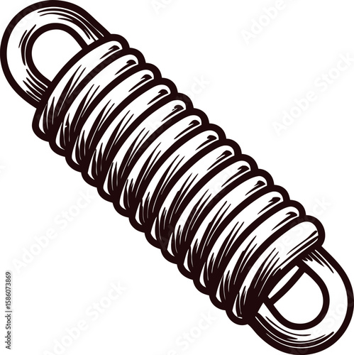 Hand drawn metal coil spring illustration with detailed engraving and curled ends on white background