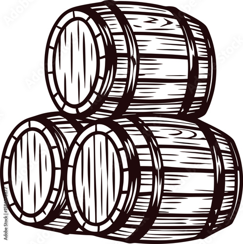 Three wooden barrels stacked vintage hand drawn engraved container illustration isolated on white background