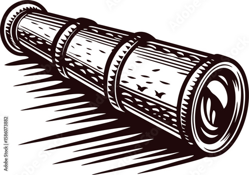 Hand drawn antique spyglass illustration in vintage engraved with wood texture details