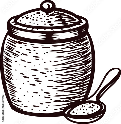 Hand drawn jar filled with granular sugar and wooden spoon sketch illustration isolated on white background