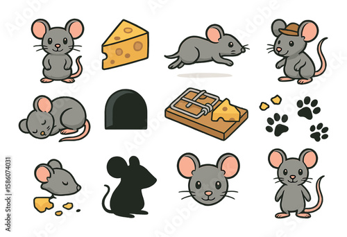 cartoon mouse, cheese slice, big ears, tail curled, whiskers twitching, running mouse, mouse with hat, sleeping mouse, mouse hole, mouse trap, cheese crumbs, paw prints