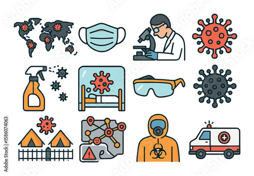 contagion, epidemic map, safety mask, medical research, virus symbol, disinfectant spray, patient isolation, protective eyewear, virus structure, quarantine camp