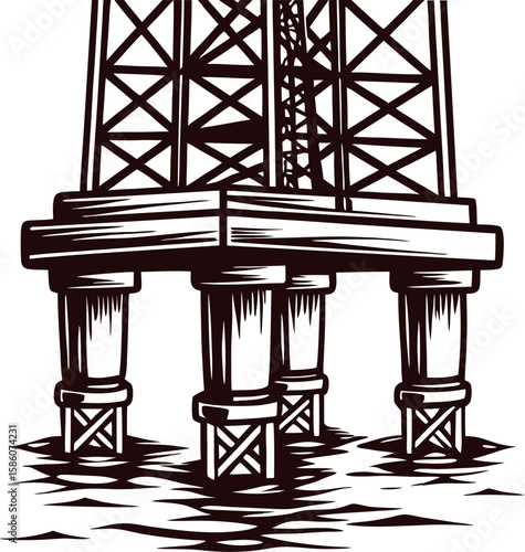 Offshore oil drilling platform structure with detailed pillars above ocean water black and white  illustration