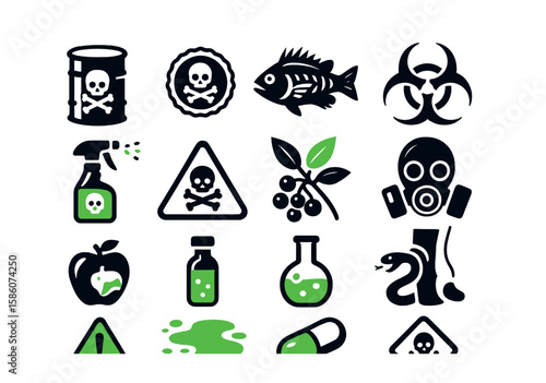 toxic container, poison bottle cap, venomous fish, biohazard warning, poison spray, skull symbol label, poisonous plant branch, toxic gas mask, contaminated food package