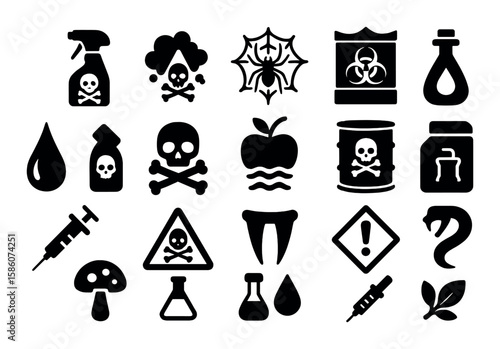 poison vial with skull, venomous snake coil, toxic waste barrel, biohazard emblem, poison dart frog, hazardous chemical, contaminated water, poison leaf icon
