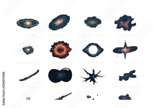 galaxy halo, spiral galaxy core, cosmic background radiation, nebula cloud, galactic star cluster, supernova remnant, black hole silhouette, active galactic nucleus