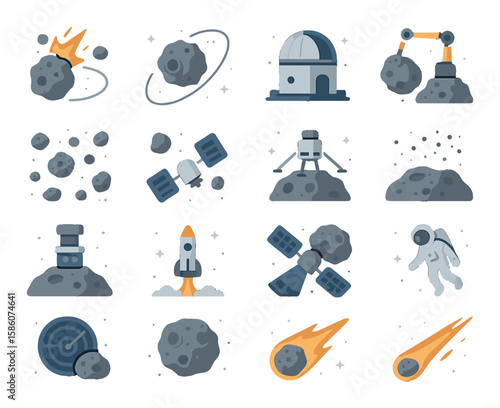asteroid collision, asteroid path, orbiting asteroid, space observatory, asteroid mining, asteroid belt cluster, planetary defense, space probe landing, moon dust