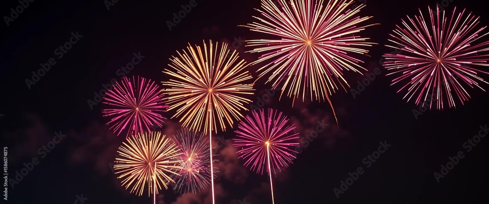 Fototapeta premium Vibrant fireworks burst against a night sky, ideal for celebratory designs, promotional, display