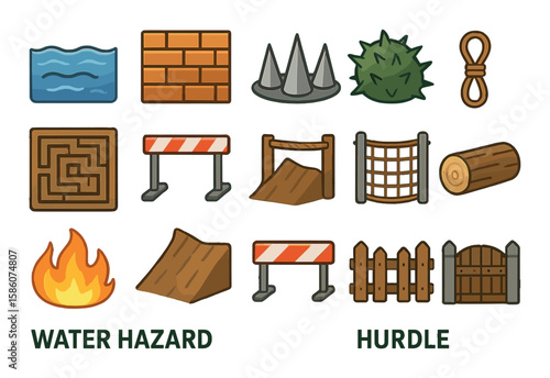 water hazard, wall, spike, pitfall, maze, hurdle, thorn bush, rope, fire, slippery slope, net, log, boulder, fence, barrier, gate.