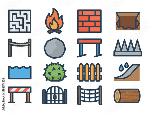 maze, fire, wall, pitfall, rope, boulder, hurdle, spike, water hazard, thorn bush, fence, slippery slope, barrier, gate, net, log.