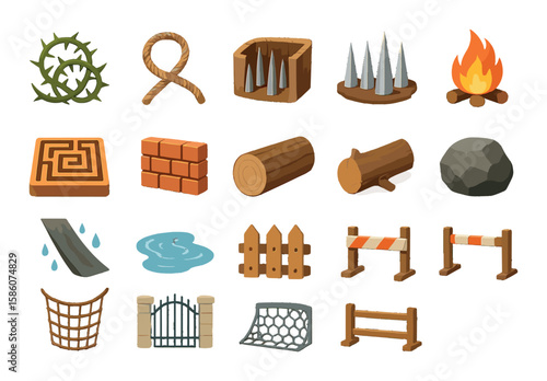 thorn bush, rope, pitfall, spike, maze, wall, log, fire, slippery slope, water hazard, fence, boulder, net, gate, barrier, hurdle.