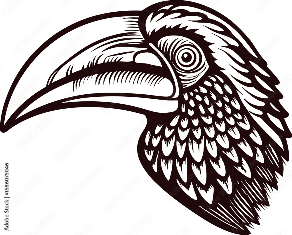 Fototapeta premium Hand drawn toucan bird head illustration with intricate feather detail on white background