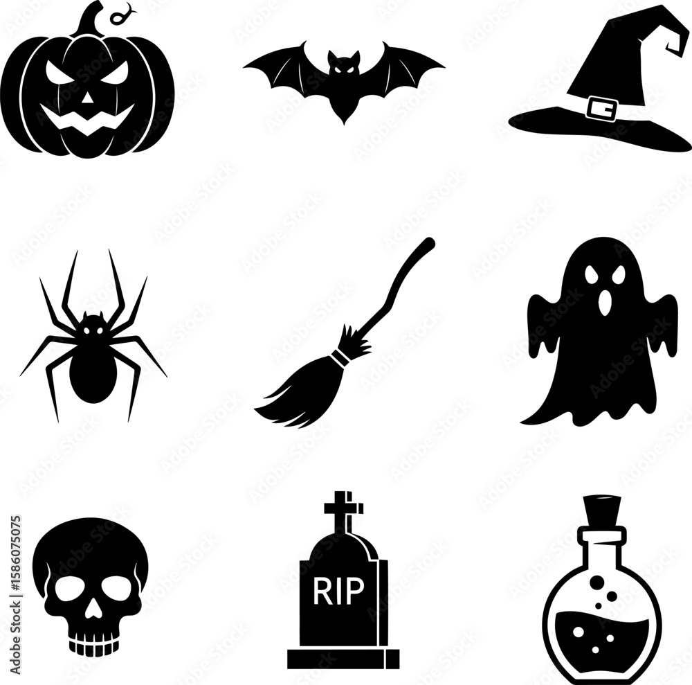 Obraz premium Spooky Halloween icons depict classic symbols of the holiday like ghosts, pumpkins, and bats for seasonal designs, transparent background