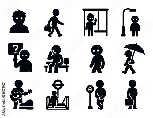 shadow figure, anonymous profile, walking figure, bus stop, streetlight, waving hand, public bench, briefcase, lost sign, question mark, phone call, suspicious glance