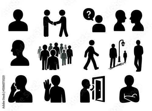 silhouette person, handshake, question mark, speech bubble, eye contact, anonymous profile, crowded street, walking figure, distance, shadow figure, streetlight, phone