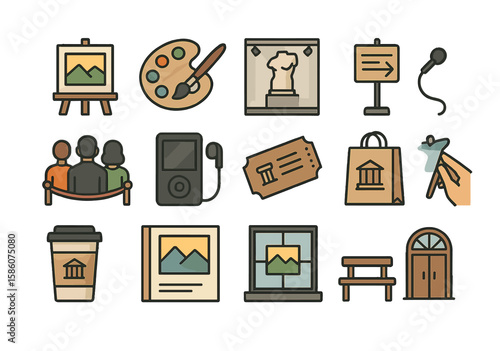 canvas painting, brush and palette, art gallery wall, museum sculpture, exhibition signage, visitor group, audio guide device, museum ticket, museum shop bag, museum café
