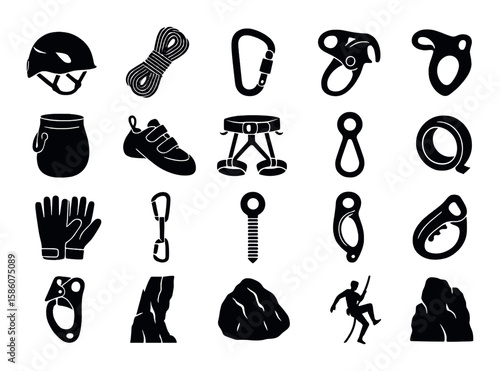 safety helmet, climbing rope coil, carabiner clip, belay device, chalk bag, climbing shoes, harness buckle, rappel device, climbing gloves, quickdraw sling, anchor bolt