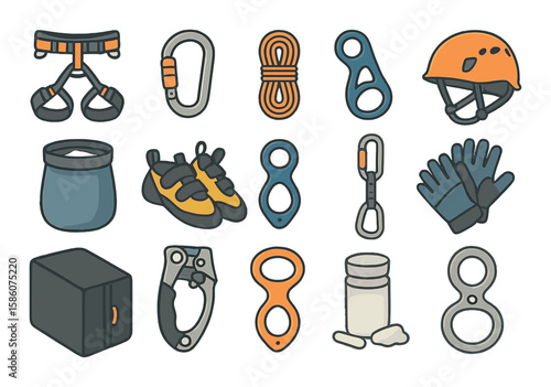 climbing harness, carabiner, climbing rope, helmet, chalk bag, climbing shoes, belay device, quickdraw, climbing gloves, ascender, descender, climbing tape, crash pad
