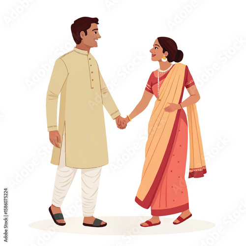 A smiling man and woman in traditional dress stand happily side by side, expressing joy and unity.