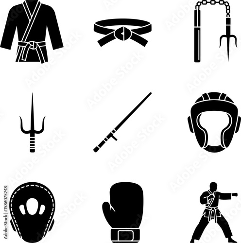This set features clean vector icons representing various martial arts disciplines and combat techniques, transparent background