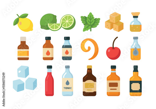 lemons, limes, mint leaves, sugar cubes, bitters, soda syrup, orange peel, cherry, ice cubes, grenadine, tonic water, triple sec, vodka, gin, rum, whiskey.