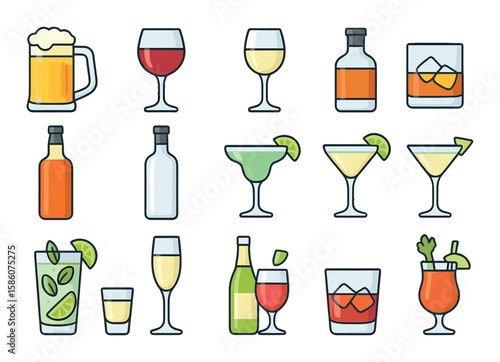 beer, red wine, white wine, whiskey, rum, vodka, gin tonic, margarita, mojito, tequila, champagne, cosmopolitan, old fashioned, pina colada, negroni, bloody mary.