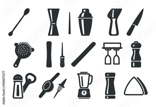 bar spoon, jigger, mixing glass, cocktail shaker, strainer, muddler, ice pick, cutting knife, bottle opener, citrus squeezer, glasses rack, pour spout, salt shaker
