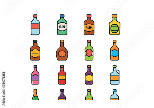 Alcohol types used in cocktails modern flat style. vodka bottle, gin bottle, rum bottle, tequila bottle, whiskey bottle, brandy bottle, vermouth bottle, triple sec bottle